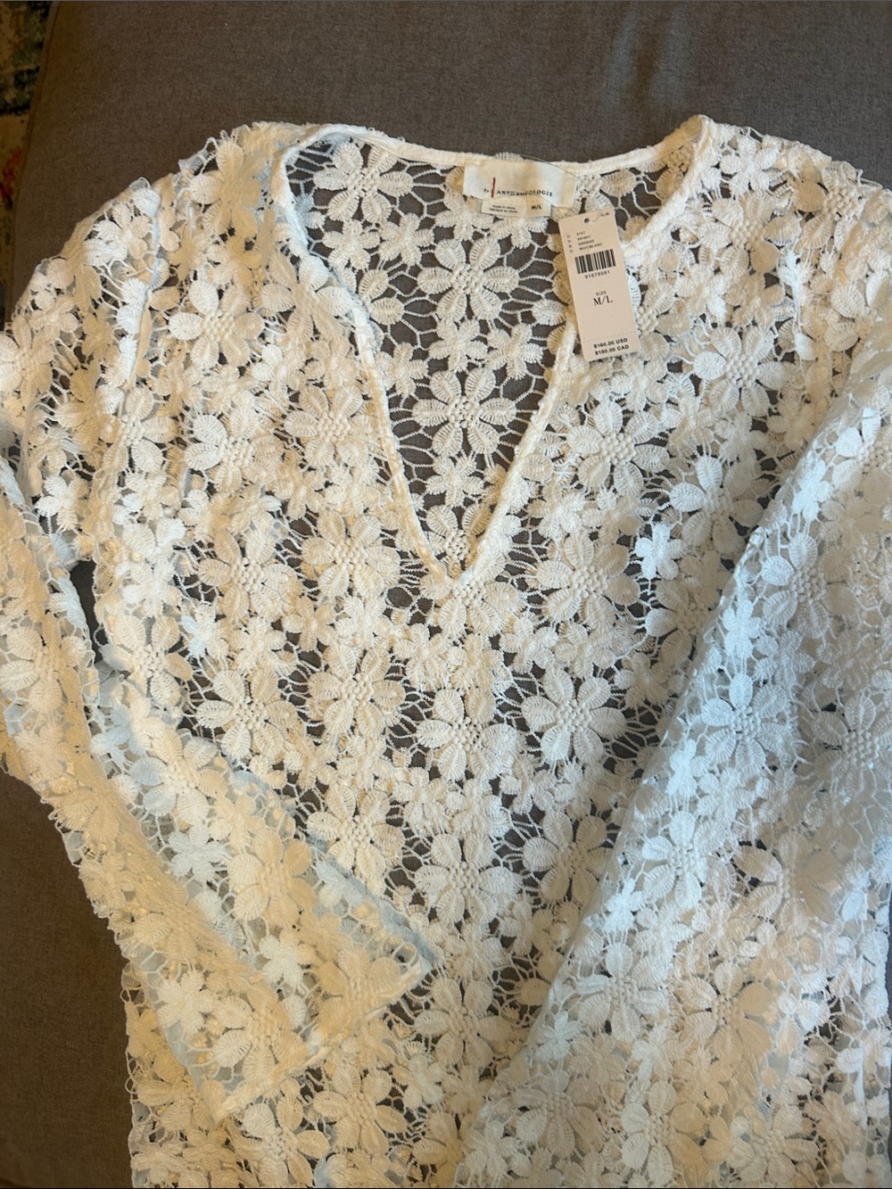 Anthropologie White Crochet Floral V-Neck Tunic